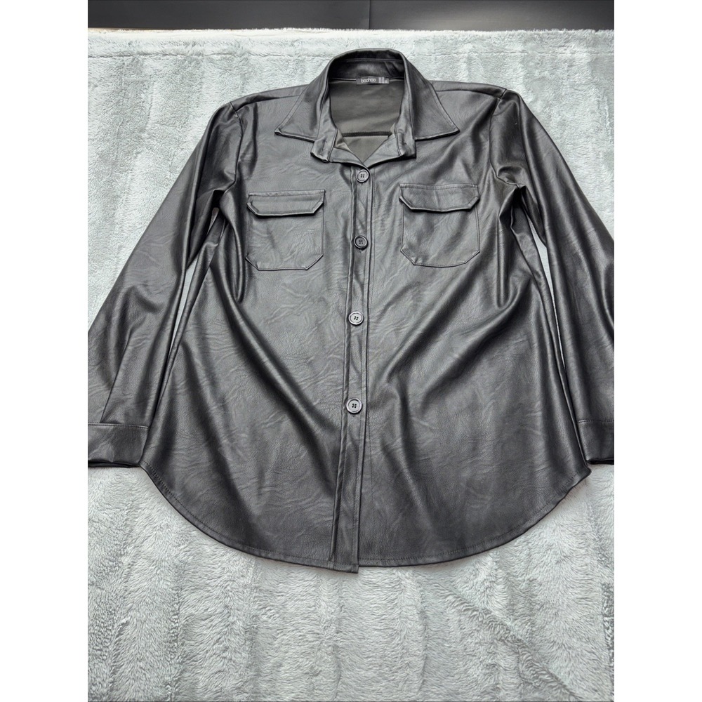 Boohoo black faux leather‎ PVC shacket shirt jacket autumn winter coat size 10